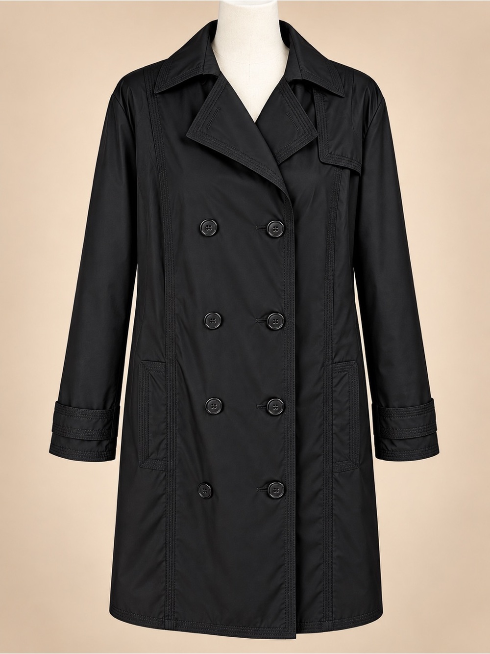 Double Breasted Rain Trench Coat Black Leopard Piping Lining Petite XL